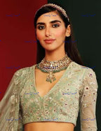 VeroniQ Trends-Bridal Gold Plated Polki Pachi Kundan Choker Necklace With Green Beads Polki Pachi Kundan-Gold Plated-Wedding Jewelry-Punjabi Jewelry-South Indian-Thappa Jewelry
