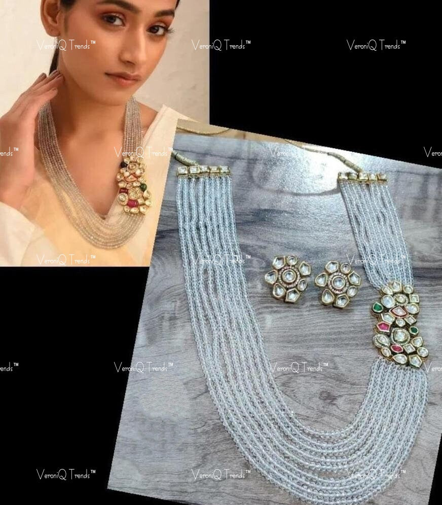 VeroniQ Trends-Beautiful Multistrand Pearl Gold Plated Kundan Long Mala Necklace Kundan-Gold Plated-Wedding Jewellery-Punjabi Jewellery-South Indian-Thappa Jewellery