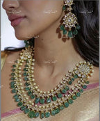 VeroniQ Trends-Bridal Double Layer Gold Plated Pachi Kundan Necklace With Green Beads Pachi Kundan-Gold Plated-Wedding Jewelry-Punjabi Jewelry-South Indian-Thappa Jewelry