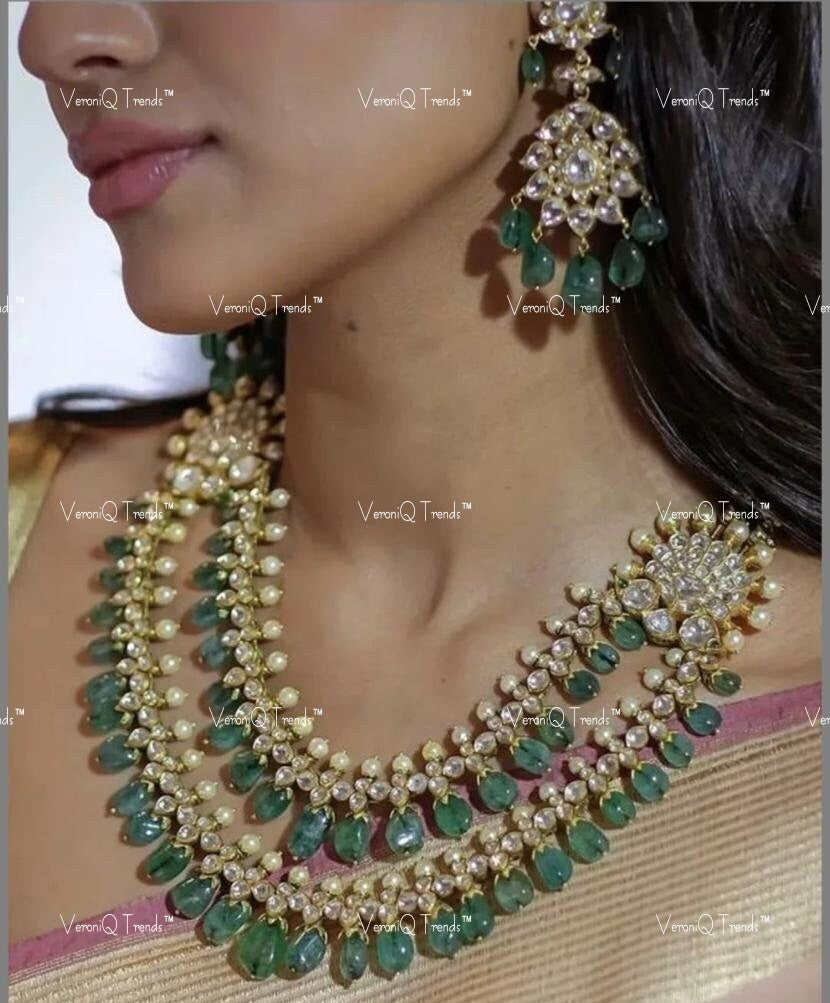 VeroniQ Trends-Bridal Double Layer Gold Plated Pachi Kundan Necklace With Green Beads Pachi Kundan-Gold Plated-Wedding Jewellery-Punjabi Jewellery-South Indian-Thappa Jewellery