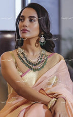 VeroniQ Trends-Bridal Double Layer Gold Plated Pachi Kundan Necklace With Green Beads Pachi Kundan-Gold Plated-Wedding Jewelry-Punjabi Jewelry-South Indian-Thappa Jewelry