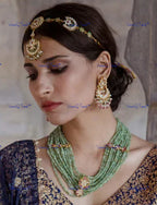 VeroniQ Trends-Traditional Gold Plated Multistrand Green Beads Pachi Kundan Choker Necklace With Matha Patti Pachi Kundan-Gold Plated-Wedding Jewelry-Punjabi Jewelry-South Indian-Thappa Jewelry
