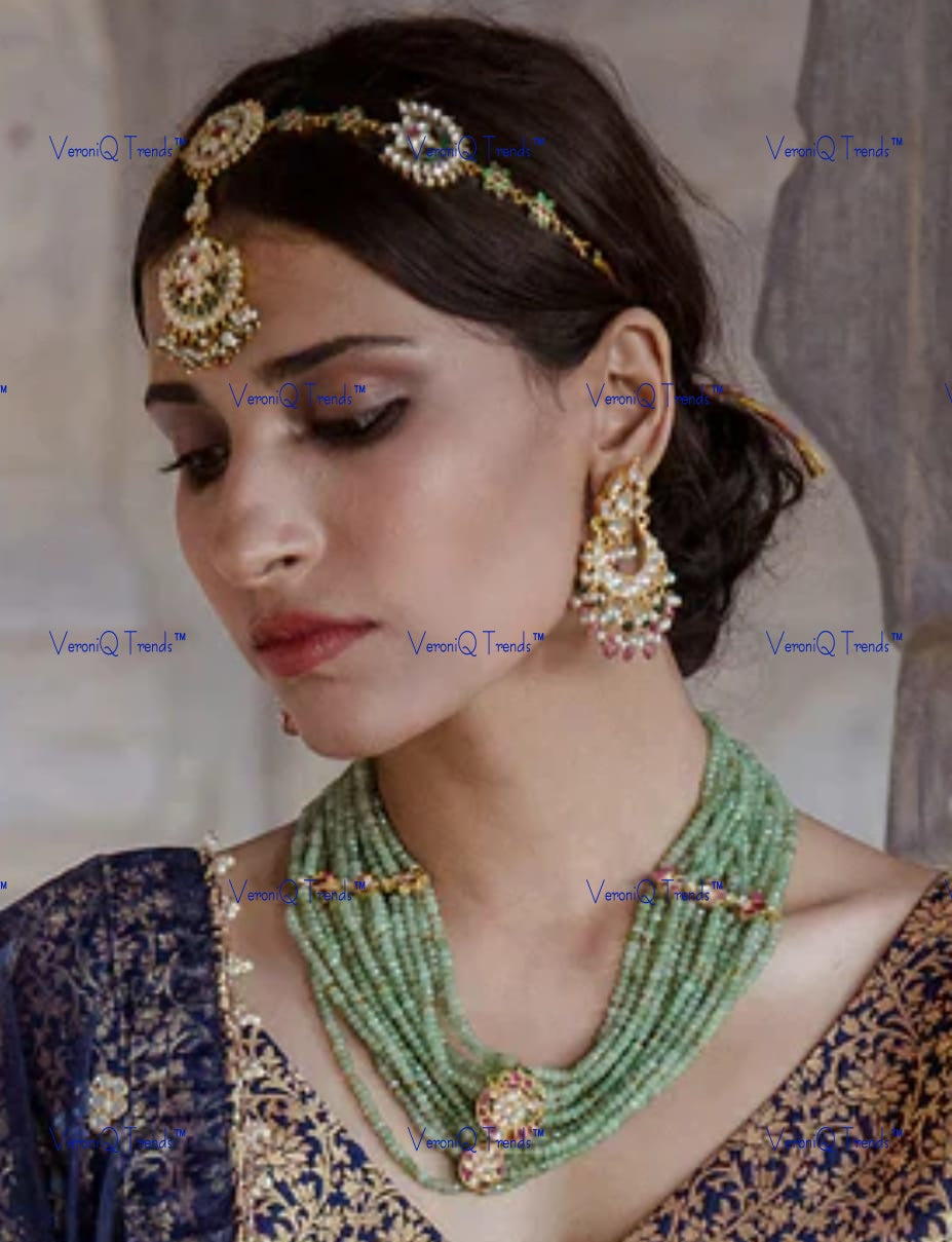 VeroniQ Trends-Traditional Gold Plated Multistrand Green Beads Pachi Kundan Choker Necklace With Matha Patti Pachi Kundan-Gold Plated-Wedding Jewellery-Punjabi Jewellery-South Indian-Thappa Jewellery