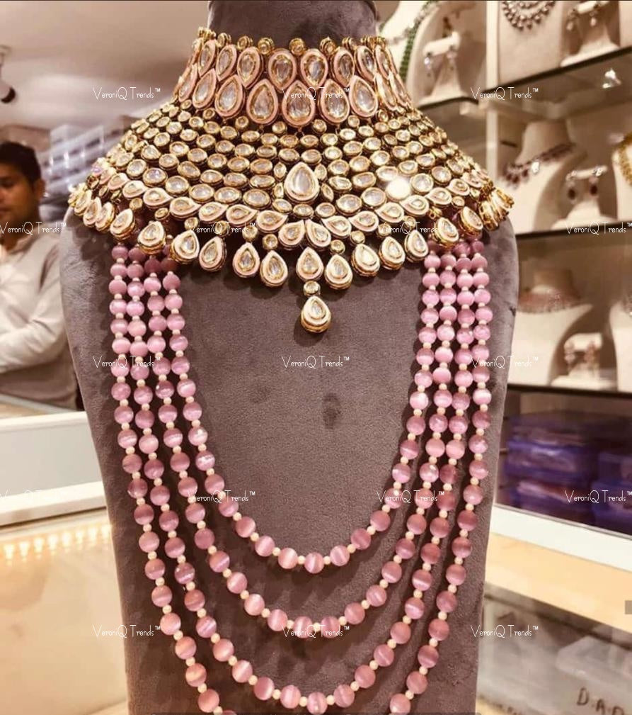 VeroniQ Trends-Traditional Bridal Look Gold Plated Pachi Kundan Choker And Multistrand Faux Ruby Beaded Long Necklace Kundan-Gold Plated-Wedding Jewellery-Punjabi Jewellery-South Indian-Thappa Jewellery