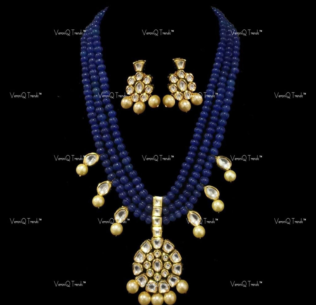 VeroniQ Trends-Elegant Jaipuri Mala Multistrand Beaded Gold Plated Kundan Pendant Long Necklace Kundan-Gold Plated-Wedding Jewellery-Punjabi Jewellery-South Indian-Thappa Jewellery
