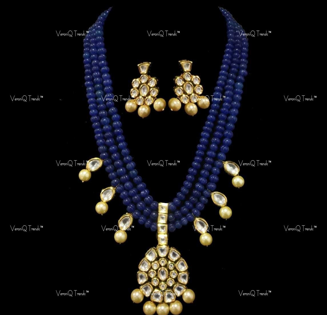VeroniQ Trends-Elegant Jaipuri Mala Multistrand Beaded Gold Plated Kundan Pendant Long Necklace Kundan-Gold Plated-Wedding Jewellery-Punjabi Jewellery-South Indian-Thappa Jewellery