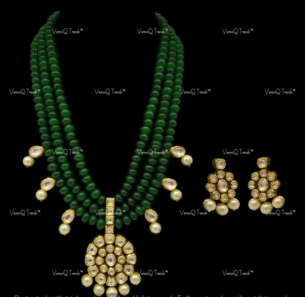 VeroniQ Trends-Elegant Jaipuri Mala Multistrand Beaded Gold Plated Kundan Pendant Long Necklace Kundan-Gold Plated-Wedding Jewellery-Punjabi Jewellery-South Indian-Thappa Jewellery