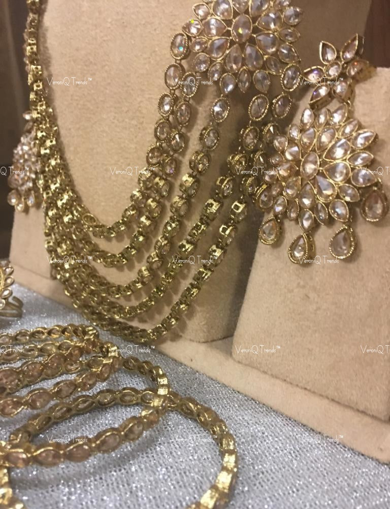 VeroniQ Trends-Traditional Bridal Gold Plated Reverse AD Choker And Long Necklace With Earrings And Maang Tika Passa Reverse AD-Gold Plated-Wedding Jewellery-Punjabi Jewellery-South Indian-Thappa Jewellery