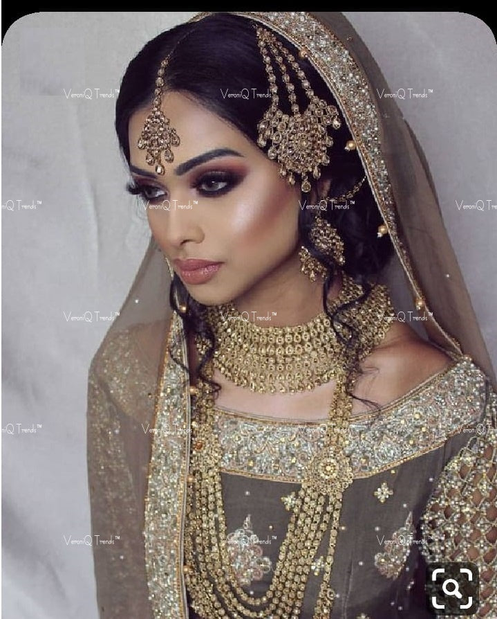 VeroniQ Trends-Traditional Bridal Gold Plated Reverse AD Choker And Long Necklace With Earrings And Maang Tika Passa Reverse AD-Gold Plated-Wedding Jewellery-Punjabi Jewellery-South Indian-Thappa Jewellery