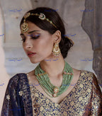 VeroniQ Trends-Traditional Gold Plated Multistrand Green Beads Pachi Kundan Choker Necklace With Matha Patti Pachi Kundan-Gold Plated-Wedding Jewelry-Punjabi Jewelry-South Indian-Thappa Jewelry