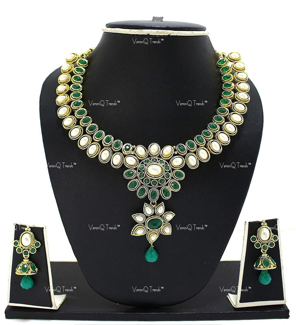 VeroniQ Trends-Traditional Bridal Gold Plated Double Line Faux Emerald And Kundan Necklace Kundan-Gold Plated-Wedding Jewellery-Punjabi Jewellery-South Indian-Thappa Jewellery
