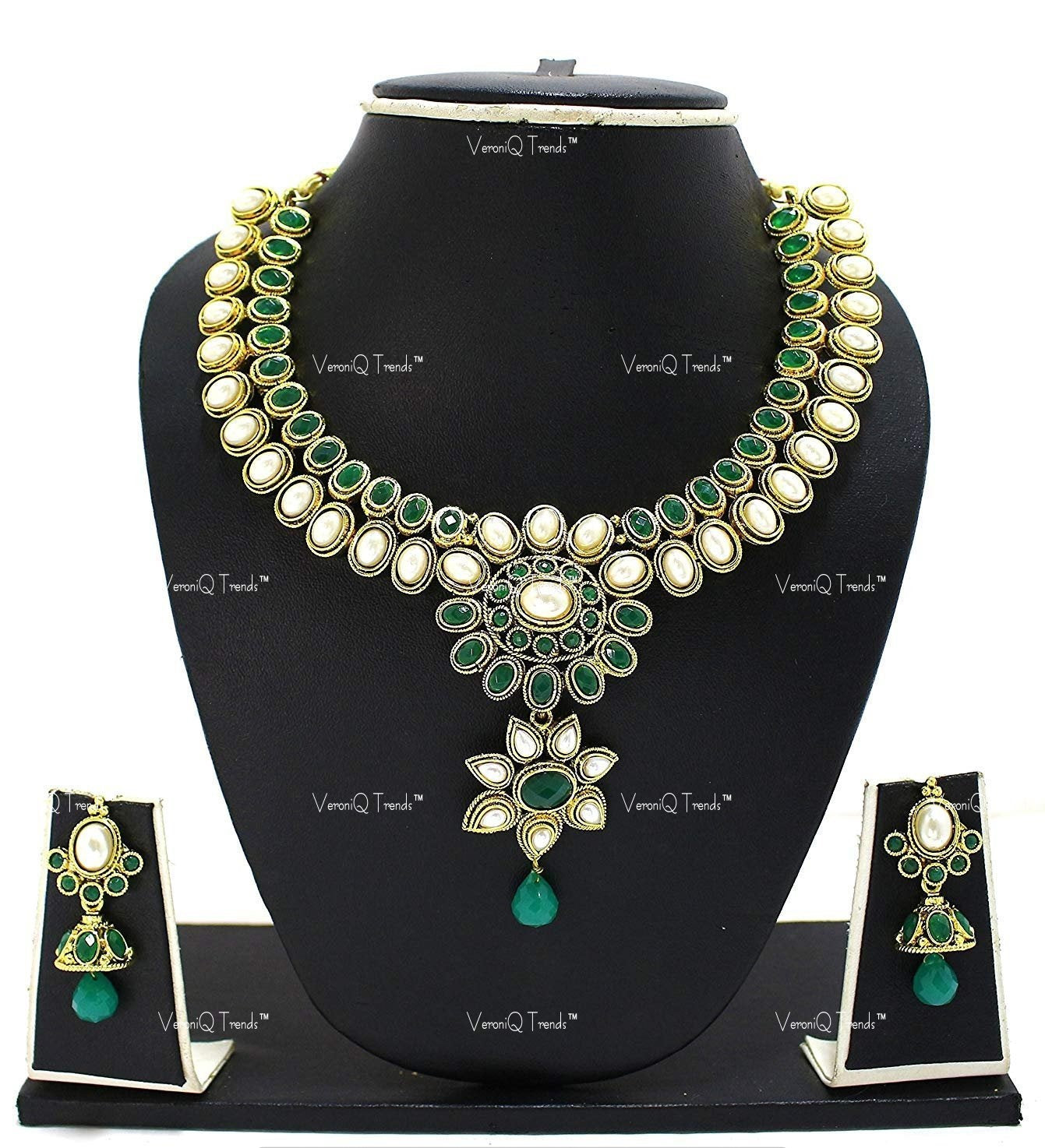 VeroniQ Trends-Traditional Bridal Gold Plated Double Line Faux Emerald And Kundan Necklace Kundan-Gold Plated-Wedding Jewellery-Punjabi Jewellery-South Indian-Thappa Jewellery