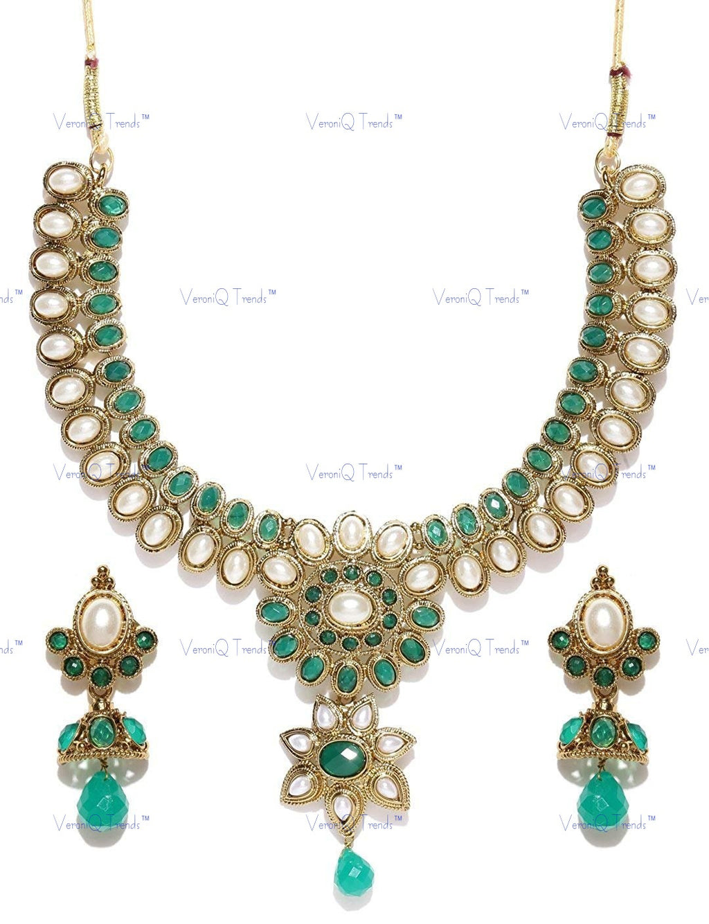 VeroniQ Trends-Traditional Bridal Gold Plated Double Line Faux Emerald And Kundan Necklace Kundan-Gold Plated-Wedding Jewellery-Punjabi Jewellery-South Indian-Thappa Jewellery