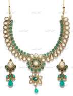 VeroniQ Trends-Traditional Bridal Gold Plated Double Line Faux Emerald And Kundan Necklace Kundan-Gold Plated-Wedding Jewelry-Punjabi Jewelry-South Indian-Thappa Jewelry
