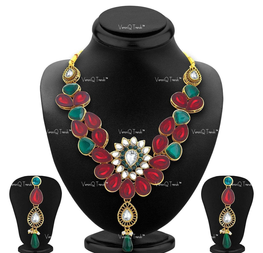 VeroniQ Trends-Traditional Bridal Green Red Gold Plated Kundan Necklace Kundan-Gold Plated-Wedding Jewellery-Punjabi Jewellery-South Indian-Thappa Jewellery