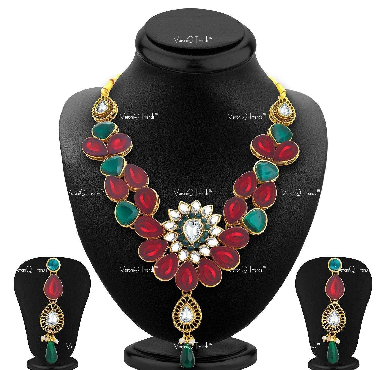 VeroniQ Trends-Traditional Bridal Green Red Gold Plated Kundan Necklace Kundan-Gold Plated-Wedding Jewellery-Punjabi Jewellery-South Indian-Thappa Jewellery