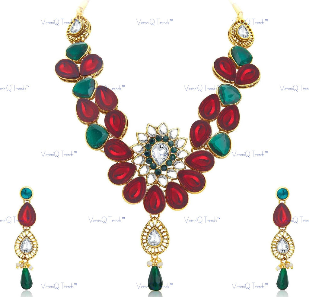 VeroniQ Trends-Traditional Bridal Green Red Gold Plated Kundan Necklace Kundan-Gold Plated-Wedding Jewellery-Punjabi Jewellery-South Indian-Thappa Jewellery