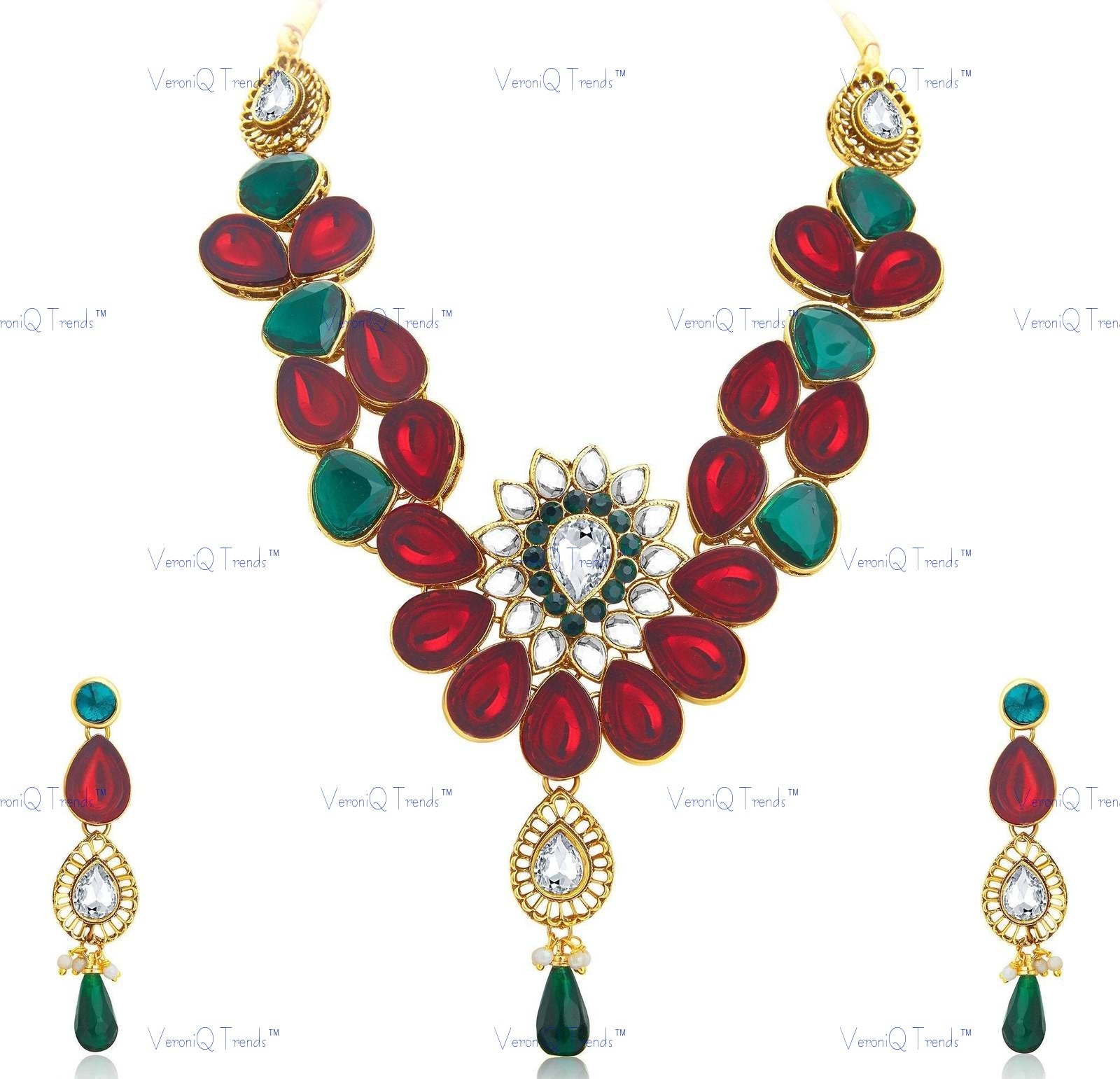 VeroniQ Trends-Traditional Bridal Green Red Gold Plated Kundan Necklace Kundan-Gold Plated-Wedding Jewellery-Punjabi Jewellery-South Indian-Thappa Jewellery