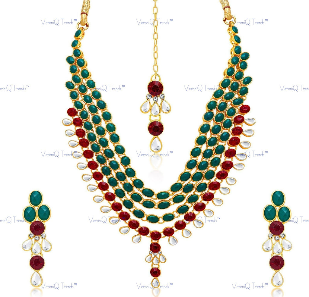 VeroniQ Trends-Traditional Bridal Green Red Layered Gold Plated Kundan Long Necklace Kundan-Gold Plated-Wedding Jewellery-Punjabi Jewellery-South Indian-Thappa Jewellery