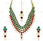 VeroniQ Trends-Traditional Bridal Green Red Layered Gold Plated Kundan Long Necklace Kundan-Gold Plated-Wedding Jewelry-Punjabi Jewelry-South Indian-Thappa Jewelry
