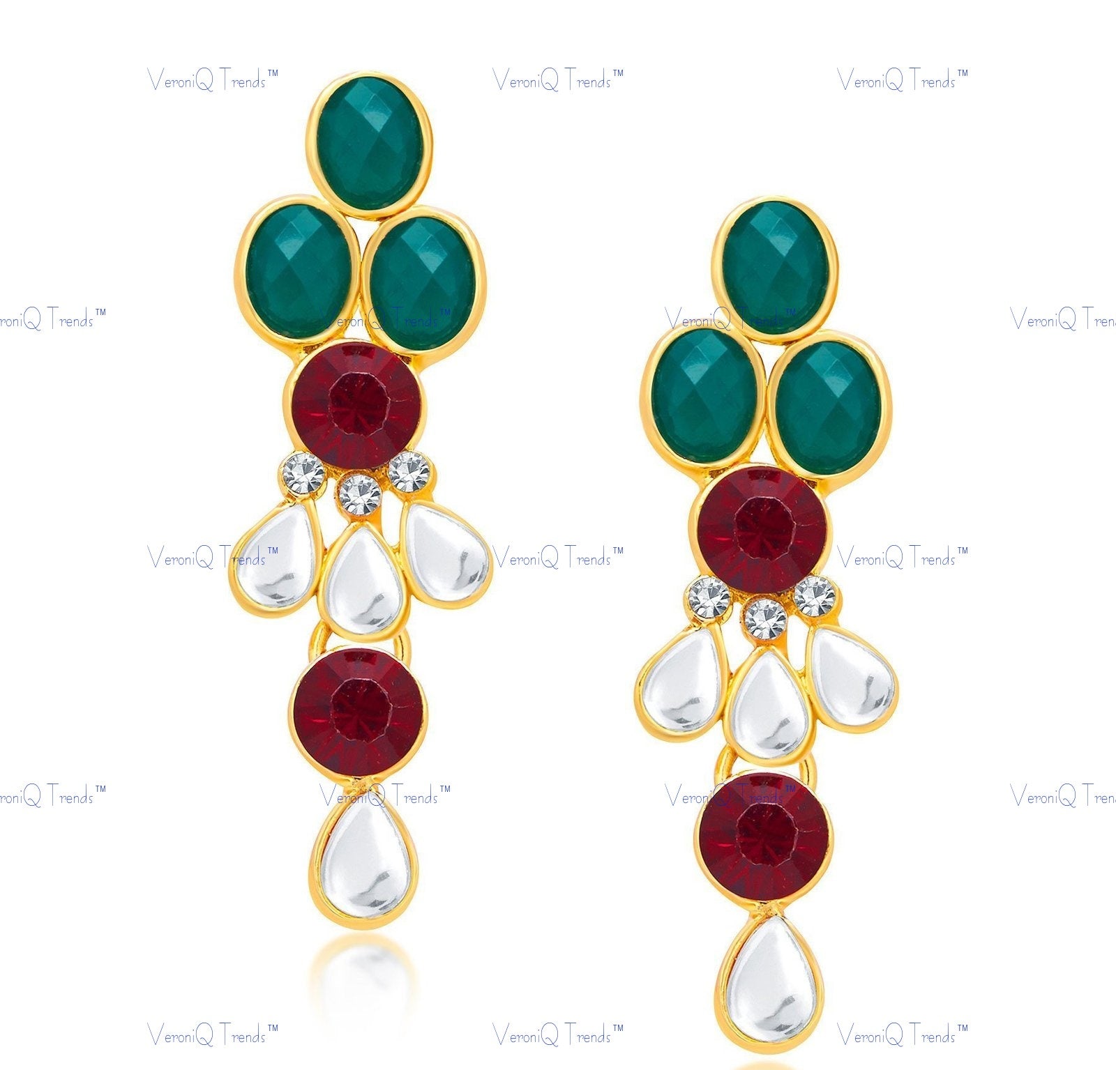 VeroniQ Trends-Traditional Bridal Green Red Layered Gold Plated Kundan Long Necklace Kundan-Gold Plated-Wedding Jewellery-Punjabi Jewellery-South Indian-Thappa Jewellery