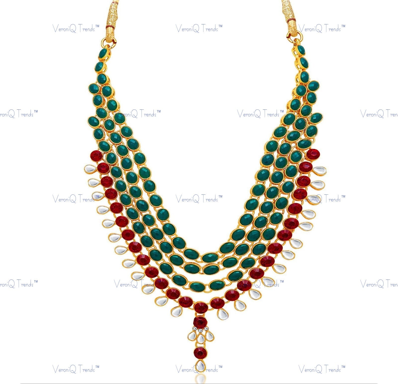 VeroniQ Trends-Traditional Bridal Green Red Layered Gold Plated Kundan Long Necklace Kundan-Gold Plated-Wedding Jewellery-Punjabi Jewellery-South Indian-Thappa Jewellery