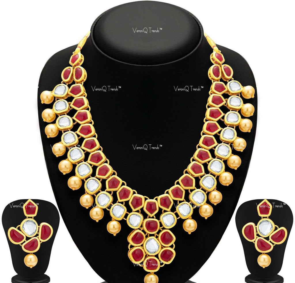 VeroniQ Trends-Traditional Bridal Red Layered Gold Plated Pearl Kundan Necklace Kundan-Gold Plated-Wedding Jewellery-Punjabi Jewellery-South Indian-Thappa Jewellery