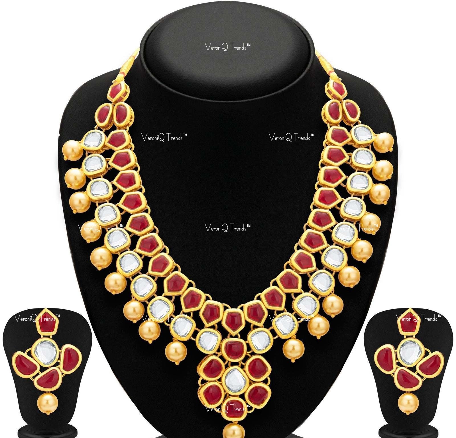 VeroniQ Trends-Traditional Bridal Red Layered Gold Plated Pearl Kundan Necklace Kundan-Gold Plated-Wedding Jewellery-Punjabi Jewellery-South Indian-Thappa Jewellery