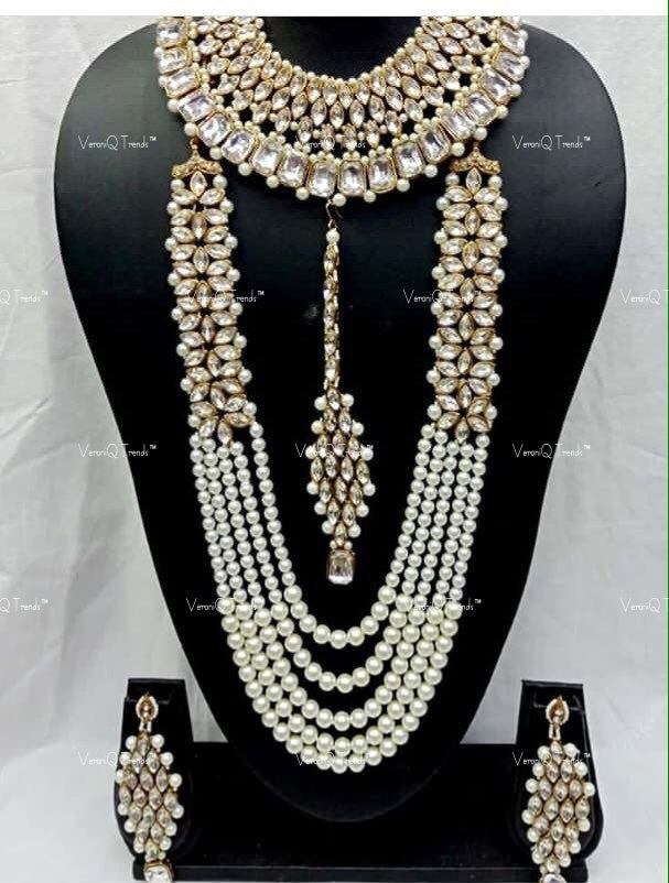 VeroniQ Trends-Traditional Multistrand Gold Plated Pearl Reverse AD Choker And Long Necklace With Earrings And Maang Tika Reverse AD-Gold Plated-Wedding Jewellery-Punjabi Jewellery-South Indian-Thappa Jewellery