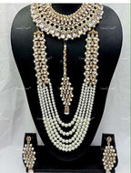 VeroniQ Trends-Traditional Multistrand Gold Plated Pearl Reverse AD Choker And Long Necklace With Earrings And Maang Tika Reverse AD-Gold Plated-Wedding Jewelry-Punjabi Jewelry-South Indian-Thappa Jewelry
