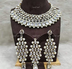 VeroniQ Trends-Traditional Multistrand Gold Plated Pearl Reverse AD Choker And Long Necklace With Earrings And Maang Tika Reverse AD-Gold Plated-Wedding Jewelry-Punjabi Jewelry-South Indian-Thappa Jewelry