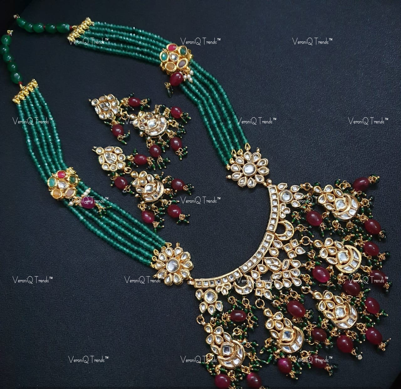 VeroniQ Trends-Traditional Jaipuri Mala Multistrand Green Color Gold Plated Kundan Long Necklace Kundan-Gold Plated-Wedding Jewellery-Punjabi Jewellery-South Indian-Thappa Jewellery