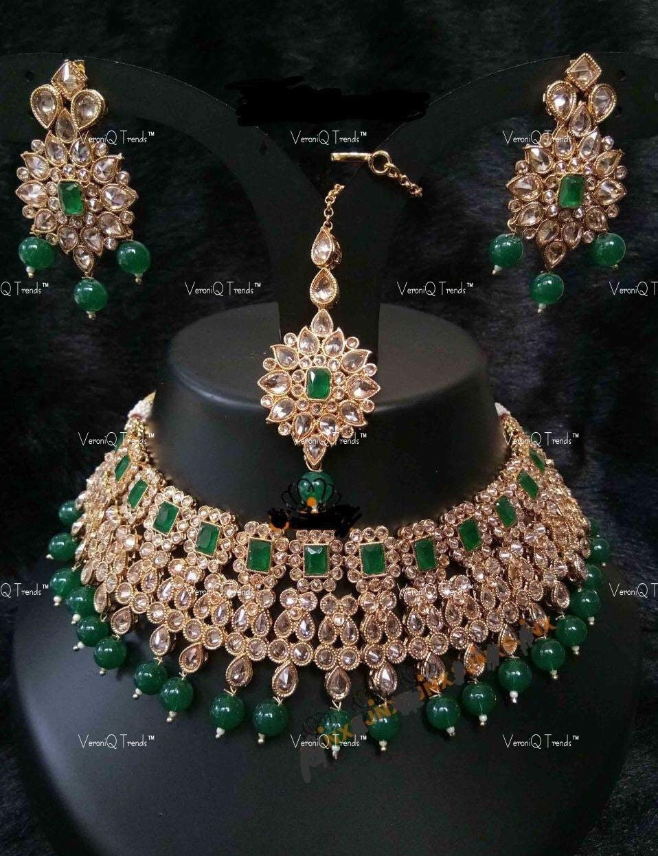 VeroniQ Trends-Traditional Bridal Green Gold Plated Reverse AD Choker Necklace Reverse AD-Gold Plated-Wedding Jewellery-Punjabi Jewellery-South Indian-Thappa Jewellery