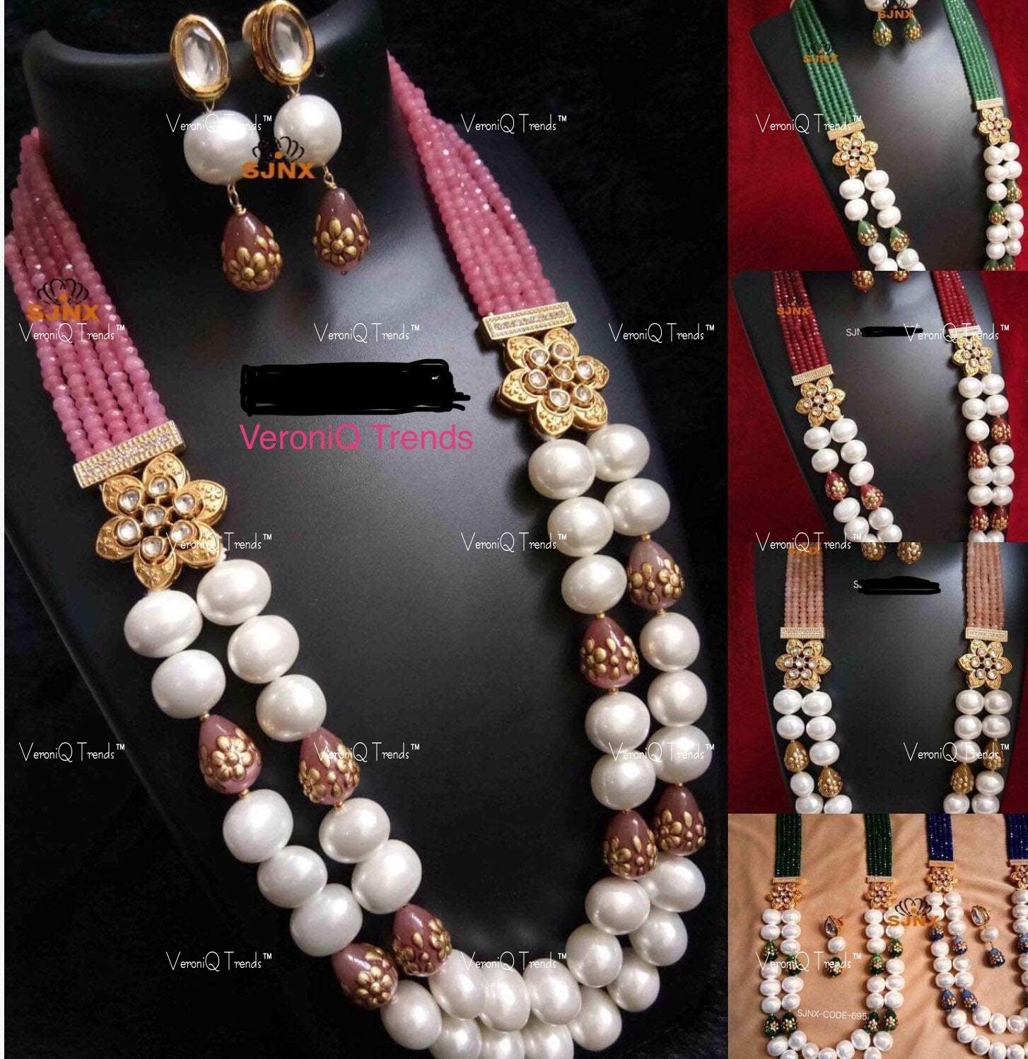 VeroniQ Trends-Traditional Multistrand Beads And Kundan Long Necklace Kundan-Gold Plated-Wedding Jewellery-Punjabi Jewellery-South Indian-Thappa Jewellery