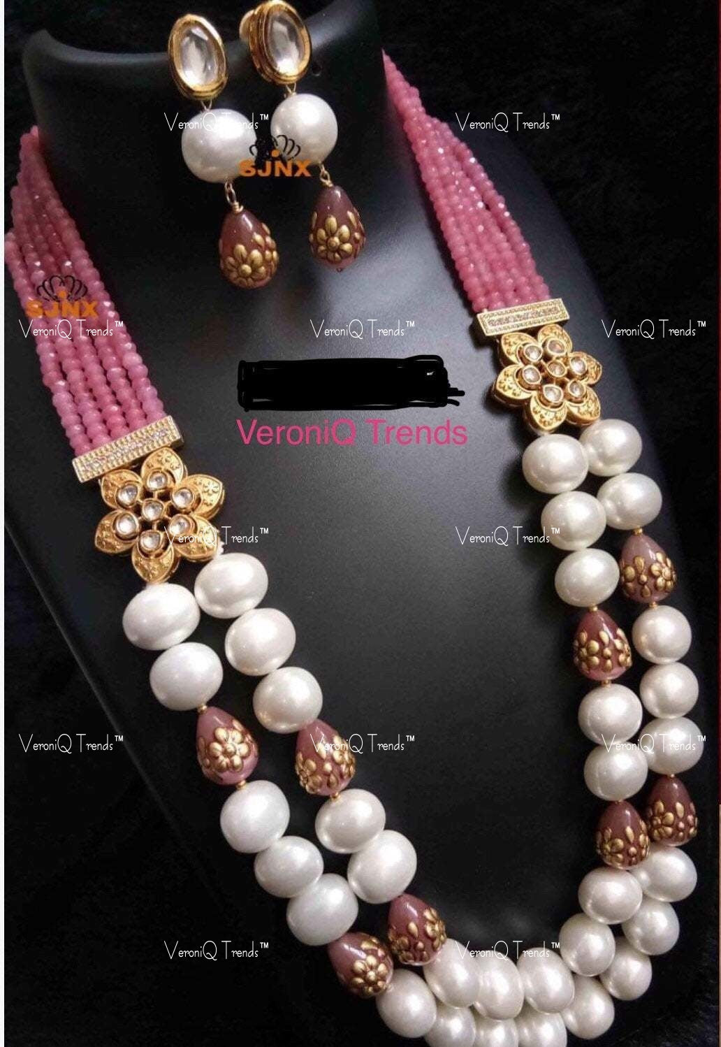 VeroniQ Trends-Traditional Multistrand Beads And Kundan Long Necklace Kundan-Gold Plated-Wedding Jewellery-Punjabi Jewellery-South Indian-Thappa Jewellery