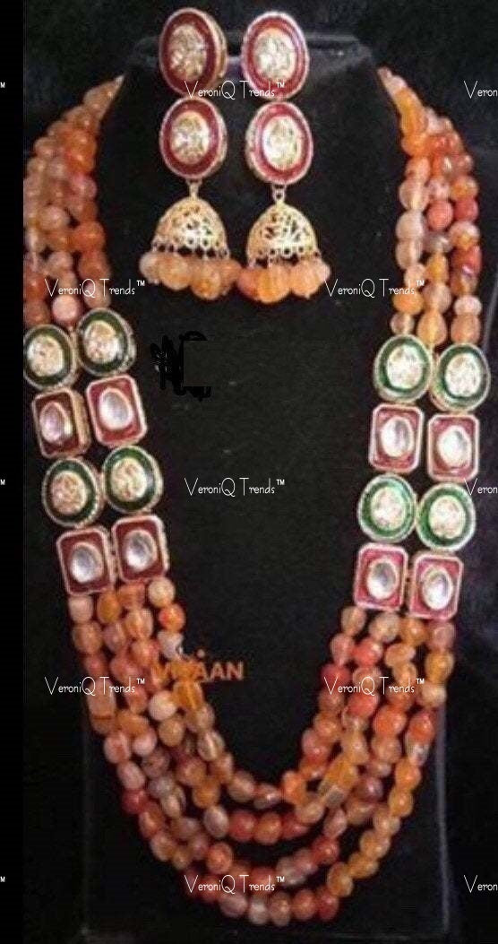 VeroniQ Trends-Traditional Jaipuri Style Multistrand Beads And Kundan Long Necklace Kundan-Gold Plated-Wedding Jewellery-Punjabi Jewellery-South Indian-Thappa Jewellery