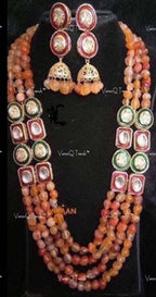 VeroniQ Trends-Traditional Jaipuri Style Multistrand Beads And Kundan Long Necklace Kundan-Gold Plated-Wedding Jewelry-Punjabi Jewelry-South Indian-Thappa Jewelry