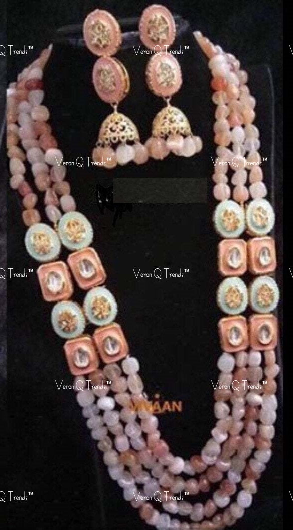 VeroniQ Trends-Traditional Jaipuri Style Multistrand Beads And Kundan Long Necklace Kundan-Gold Plated-Wedding Jewellery-Punjabi Jewellery-South Indian-Thappa Jewellery