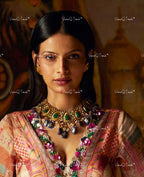 VeroniQ Trends-Designer Bridal Gold Plated Polki Pachi Kundan Choker Necklace With Meenakari Beads Polki Pachi Kundan-Gold Plated-Wedding Jewelry-Punjabi Jewelry-South Indian-Thappa Jewelry