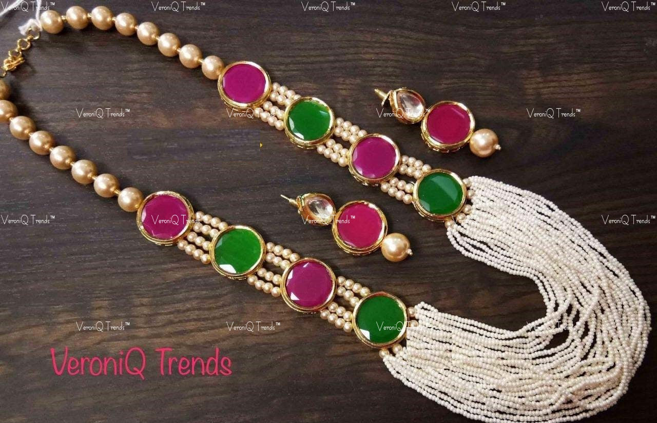 VeroniQ Trends-Beautiful Jaipuri Mala Green And Pink Kundan Long Necklace Kundan-Gold Plated-Wedding Jewellery-Punjabi Jewellery-South Indian-Thappa Jewellery
