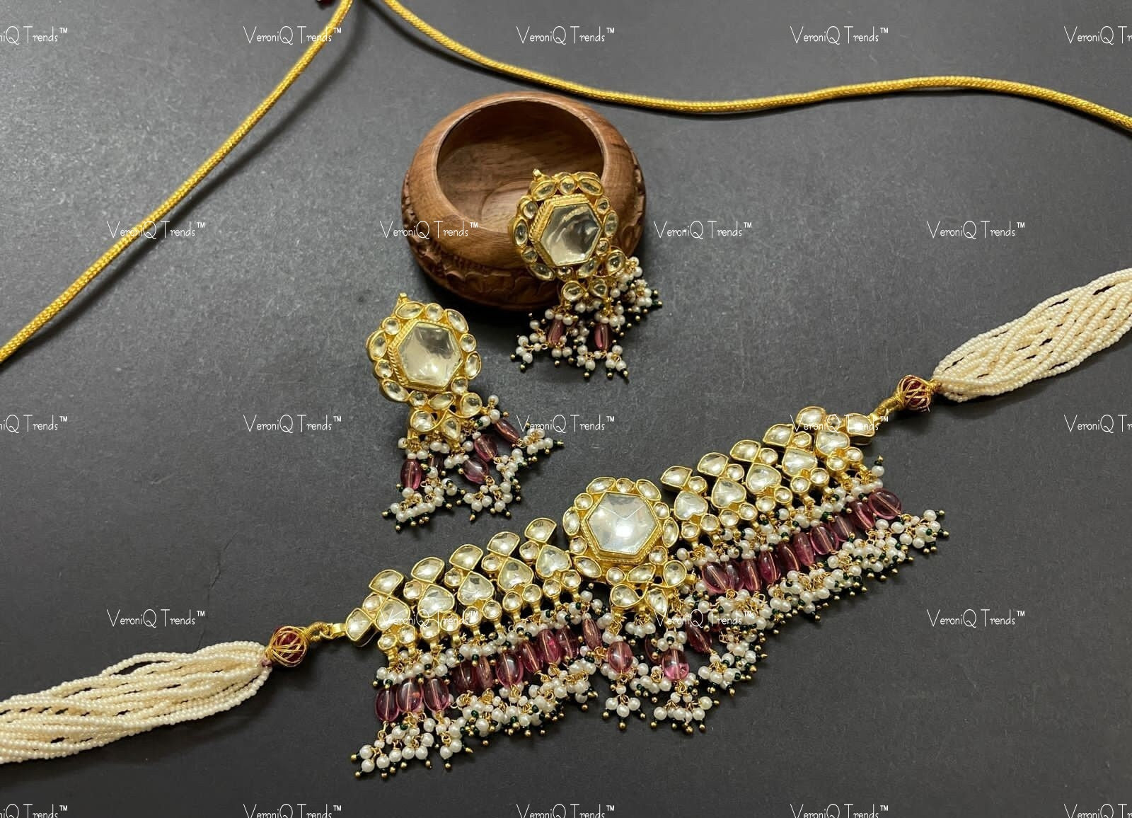 VeroniQ Trends-Traditional Multistrand Pachi Kundan Choker Necklace Pachi Kundan-Gold Plated-Wedding Jewellery-Punjabi Jewellery-South Indian-Thappa Jewellery
