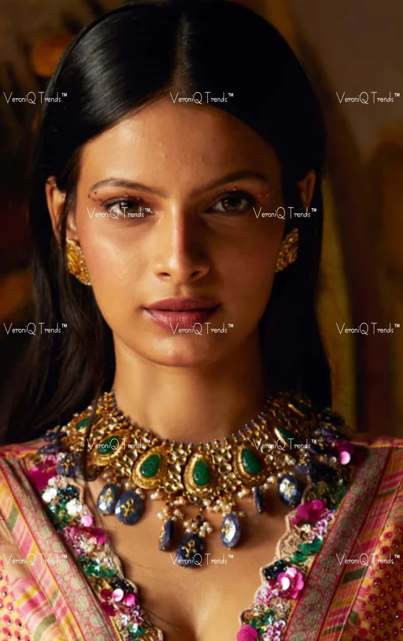 VeroniQ Trends-Designer Bridal Gold Plated Polki Pachi Kundan Choker Necklace With Meenakari Beads Polki Pachi Kundan-Gold Plated-Wedding Jewellery-Punjabi Jewellery-South Indian-Thappa Jewellery