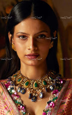 VeroniQ Trends-Designer Bridal Gold Plated Polki Pachi Kundan Choker Necklace With Meenakari Beads Polki Pachi Kundan-Gold Plated-Wedding Jewelry-Punjabi Jewelry-South Indian-Thappa Jewelry