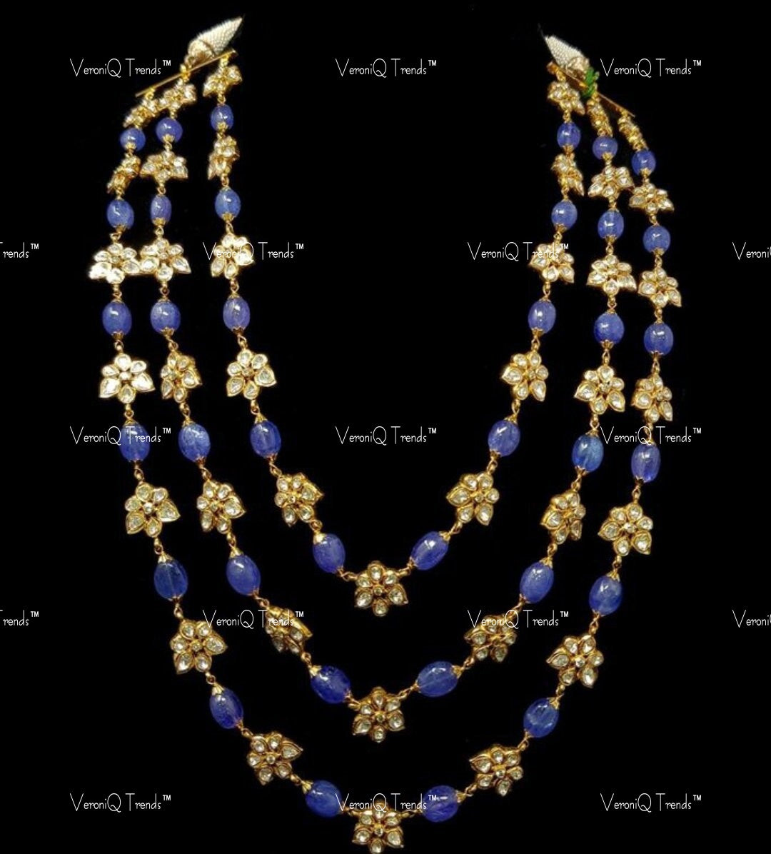 VeroniQ Trends-Beautiful Multistrand Sapphire Blue Beads And Kundan Necklace Kundan-Gold Plated-Wedding Jewellery-Punjabi Jewellery-South Indian-Thappa Jewellery