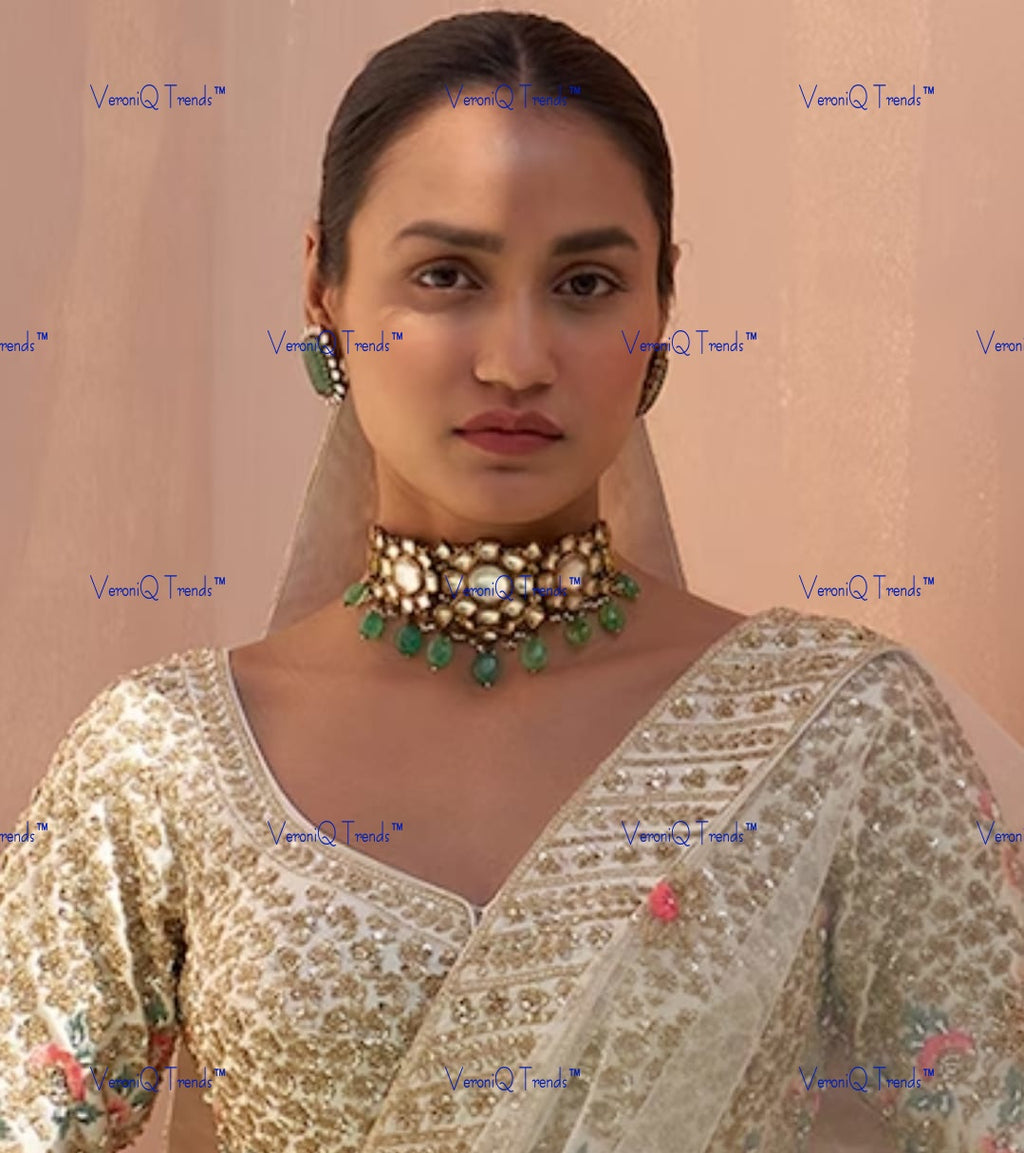 VeroniQ Trends-Traditional Gold Plated Pachi Kundan Choker Necklace With Green Pumpkin Beads Pachi Kundan-Gold Plated-Wedding Jewellery-Punjabi Jewellery-South Indian-Thappa Jewellery