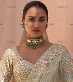 VeroniQ Trends-Traditional Gold Plated Pachi Kundan Choker Necklace With Green Pumpkin Beads Pachi Kundan-Gold Plated-Wedding Jewelry-Punjabi Jewelry-South Indian-Thappa Jewelry