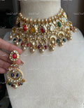 VeroniQ Trends-Stunning Navratan Necklace in 92.5 Silver Moissanite Polki With Fresh Water Pearls-Wedding Jewellery-Cocktail Party-South Indian-PG
