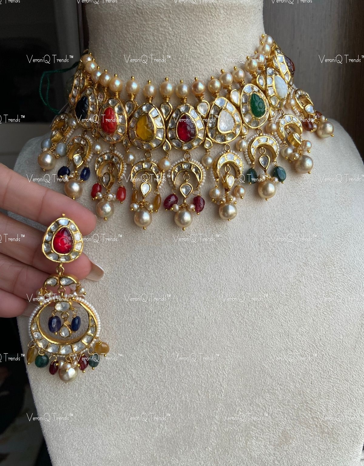 VeroniQ Trends-Stunning Navratan Necklace in 92.5 Silver Moissanite Polki With Fresh Water Pearls-Wedding Jewellery-Cocktail Party-South Indian-PG