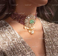 VeroniQ Trends-Bollywood Style Choker Necklace With Earrings in 92.5 Silver Moissanite Polki And Ruby Beads-Wedding Jewellery-Cocktail Party-South Indian-Thappa-PG