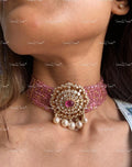 VeroniQ Trends-Bollywood Style Choker Necklace With Earrings in 92.5 Silver Moissanite Polki And Faux Ruby Beads-Wedding Jewellery-Cocktail Party-South Indian-Thappa-PG